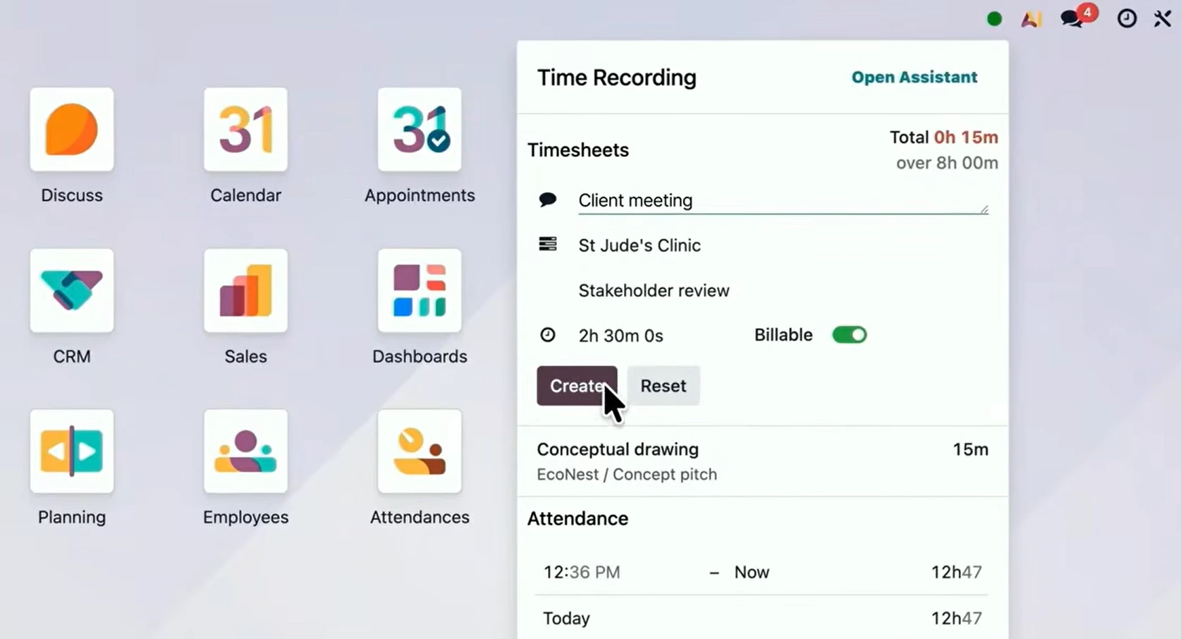 odoo 20 saisie des temps